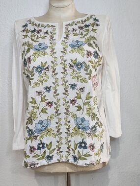 J. Jill White Tunic with Blue, Green and Pink Floral Embroidery